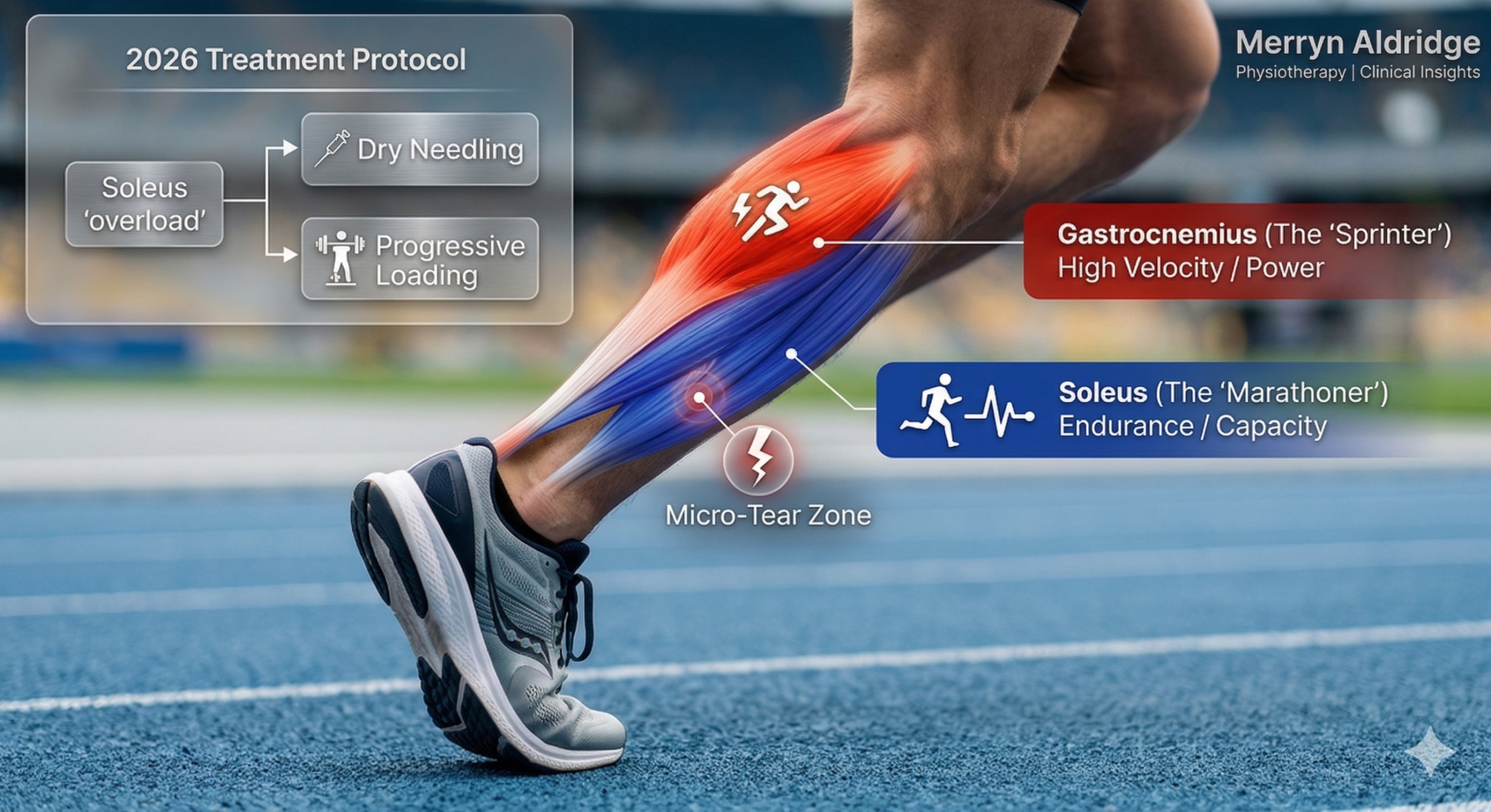Calf muscle diagram showing gastrocnemius and soleus roles in running, with dry needling and progressive loading treatment